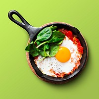 Breakfast skillet on green background, food photography
