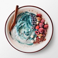 Smoothie bowl on white background, food photography, flat lay style