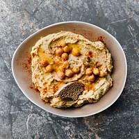 Hummus in a bowl, food photography, flat lay style