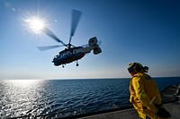 A Ukrainian Ka-27 helicopter takes off from the Blue Ridge-class command and control ship USS Mount Whitney (LCC 20) in the Black Sea, during exercise Sea Breeze 2018, July 11, 2018.