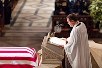 The Funeral of President George H.W. BushRev. Dr. Russell Jones Levenson, Jr., the Bush family pastor, delivers the homily at the funeral service for former President George H.W. Bush Wednesday, Dec. 5,2018, at the Washington National Cathedral in Washington, D.C. (Official White House Photo by Andrea Hanks). Original public domain image from Flickr