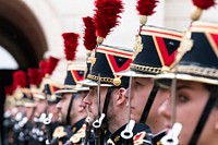 President Trump at DDay75Calvados Guards march in formation on the 75th Commemoration of D-Day Thursday, June 6, 2019, in Caen, France. (Official White House Photo by Andrea Hanks). Original public domain image from Flickr