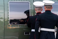 U.S. Marines prepare to open the doors of Marine One for President Donald J. Trump upon his arrival Saturday, June 29, 2019 to U.S. Army Garrison Yongsan in Seoul. (Official White House Photo by Shealah Craighead). Original public domain image from Flickr