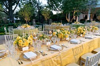 The decorated tables for the State Dinner in honor in the Rose Garden of the White House. Original public domain image from Flickr