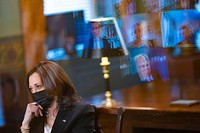 Vice President Kamala Harris participates in a Northern Triangle virtual roundtable with experts on the region on Wednesday, April 14, 2021, in the Vice President’s Ceremonial Office in the Eisenhower Executive Office Building at the White House.