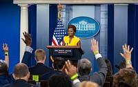 Deputy Press Secretary Karine Jean-Pierre holds a daily briefing Wednesday, May 26, 2021 in the James S. Brady Press Briefing Room of the White House. (Official White House Photo by Katie Ricks). Original public domain image from Flickr