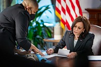 Vice President Kamala Harris meets with Symone Sanders, Senior Advisor and Chief Spokesperson for the Vice President, Wednesday, May 12, 2021, in the Eisenhower Executive Office Building at the White House.