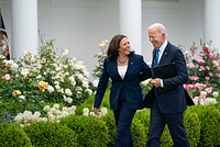 President Joe Biden, joined by Vice President Kamala Harris, after delivering remarks on the CDC&rsquo;s updated guidance on mask wearing for vaccinated individuals Thursday, May 13, 2021, in the Rose Garden of the White House