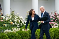 President Joe Biden, joined by Vice President Kamala Harris, after delivering remarks on the CDC’s updated guidance on mask wearing for vaccinated individuals Thursday, May 13, 2021, in the Rose Garden of the White House