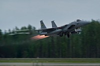 A Japan Air Self-Defense Force F-15 J Eagle aircraft takes off from Eielson Air Force Base, Alaska, for a combat training mission June 12, 2012, during Red Flag-Alaska 12-2.