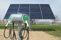 Shown is a charge station at the Argonne National Laboratory. At ANL, employees can charge their electric vehicles from a unit that is powered by the sun. Original public domain image from Flickr