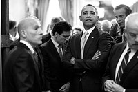 President Barack Obama waits with Sergeants at Arms and Members of Congress before entering the House Chamber to deliver the State of the Union address at the U.S. Capitol in Washington, D.C., Jan. 28, 2014 Standing with the President are, from left, Paul Irving, House Sergeant at Arms; House Majority Leader Eric Cantor, R-Va.; Sen. John Thune, R-S.D.; and Terrance Gainer, Senate Sergeant at Arms.