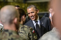 President Barack Obama meets with U.S. and Polish service members, June 3, 2014, at the Warsaw Chopin Airport in Warsaw, Poland.