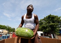 Watermelons get loaded onto a truck at the Arabers stable in Baltimore, MD., June 18, 2014. Street Arabers have been vending fruits and goods for over 75 years in the Baltimore area. Original public domain image from Flickr