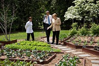 President Barack Obama and Chancellor Angela Merkel of Germany tour the White House Kitchen Garden on the South Lawn with Executive Chef Cris Comerford, May 2, 2014.