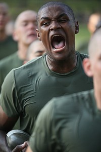 U.S. Marine Corps Recruit Courtney Deberry sounds off during training at Marine Corps Recruit Depot Parris Island, S.C., in hopes of earning the title of United States Marine, July 8, 2014.