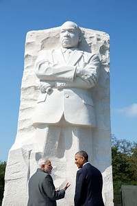 President Barack Obama and Prime Minister Narendra Modi of India visit the Martin Luther King, Jr. Memorial on in Washington, D.C., Sept. 30, 2014.