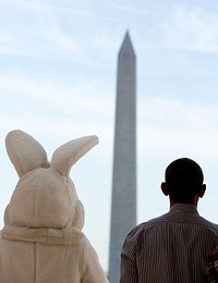 April 21, 2014: "When the President saw this photograph hanging on the walls of the West Wing, he laughed and said, 'The two most famous sets of ears in Washington.' He then asked me to make a print for him so he could show his daughters. The photograph shows the President and the Easter Bunny listening to the national anthem on the Blue Room Balcony at the annual Easter Egg Roll."