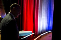 President Barack Obama waits backstage prior to an interview for "The Colbert Report with Stephen Colbert" at George Washington University's Lisner Auditorium in Washington, D.C., Dec. 8, 2014.