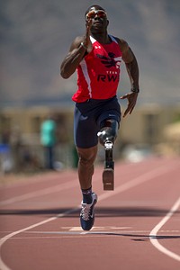 Retired Army Capt. Will Reynolds finishes one several races he participated in during Army Trials at Fort Bliss in El Paso, Texas April 1, 2015. Athletes in the trials are competing for a spot on the Army’s team in the 2015 Department of Defense Warrior Games. Original public domain image from Flickr