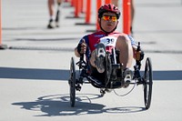 Army Chief Warrant Officer Timothy Sifuentes begins his victory ride in the men’s recumbent bicycle division during the Army Trials for the 2015 Department of Defense Warrior Games March 29, 2015 at Fort Bliss in El Paso, Texas.