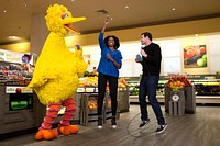 First Lady Michelle Obama participates in a "Let's Move!" Funny or Die game show taping with Billy Eichner of Billy on the Street and Big Bird at Safeway in Washington, D.C., Jan. 12, 2015.