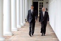 President Barack Obama and President Ashraf Ghani of Afghanistan walk on the Colonnade en route to a working lunch in the Old Family Dining Room of the White House, March 24, 2015.