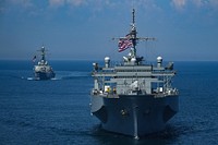 BLACK SEA (July 13, 2018) The Blue Ridge-class command and control ship USS Mount Whitney (LCC 20) and the Arleigh Burke-class guided-missile destroyer USS Porter (DDG 78) sail in formation in the Black Sea during exercise Sea Breeze 2018, July 13.
