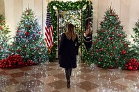 White House Christmas 2018First Lady Melania Trump reviews the Christmas decorations Sunday, Nov. 25, 2018, in the Cross Hall of the White House. (Official White House Photo by Andrea Hanks). Original public domain image from Flickr