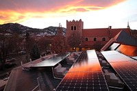 25 kW solar array on the roof of St John's Episcopal Church, Boulder, CO. Array completed in 2016 in accordance with historic preservation requirements and with the assistance of Partners for a Clean Environment of Boulder County. Original public domain image from Flickr