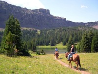 Horseback riders on the trail to Emerald Lake south of Bozeman, MT. August 2005. Original public domain image from Flickr