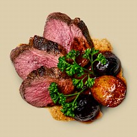 Rare cooked meat on beige background, food photography