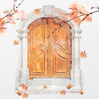 Autumn window clipart, aesthetic architecture, watercolor illustration