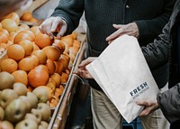 Paper bag mockup, supermarket fruits shopping psd