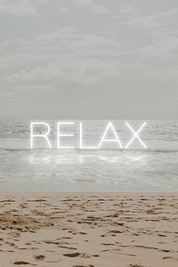 Relax psd white neon word typography on beach background