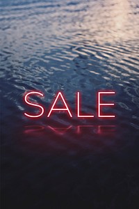 Psd sale red neon word typography on sea background