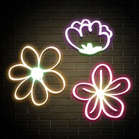 Neon flower psd glowing sign collection brick background