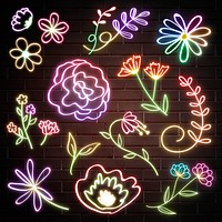 Glowing neon flower sign psd set
