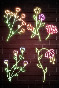 Glowing colorful neon flowers hand drawn set