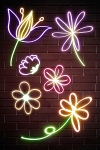 Blooming flowers neon sign doodle hand drawn collection