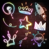 Rainbow neon psd glow doodle set