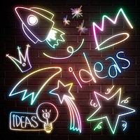 Glow rainbow neon doodle psd illustration set