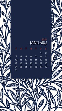 Calendar 2021 January editable template psd with William Morris floral patterns