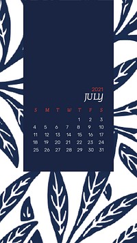 Calendar 2021 July editable template psd with William Morris floral patterns