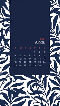Calendar 2021 April editable template psd with William Morris floral pattern