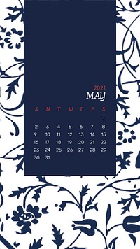 Calendar 2021 May editable template psd with William Morris floral patterns