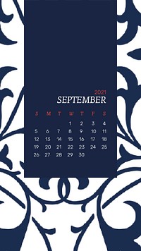 Calendar 2021 Septembereditable template psd with William Morris floral patterns