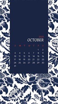 Calendar 2021 October editable template psd with William Morris floral patterns