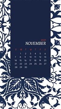 Calendar 2021 November editable template psd with William Morris floral pattern