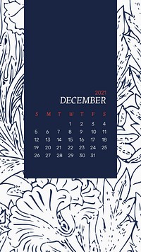 Calendar 2021 December editable template psd with William Morris floral patterns